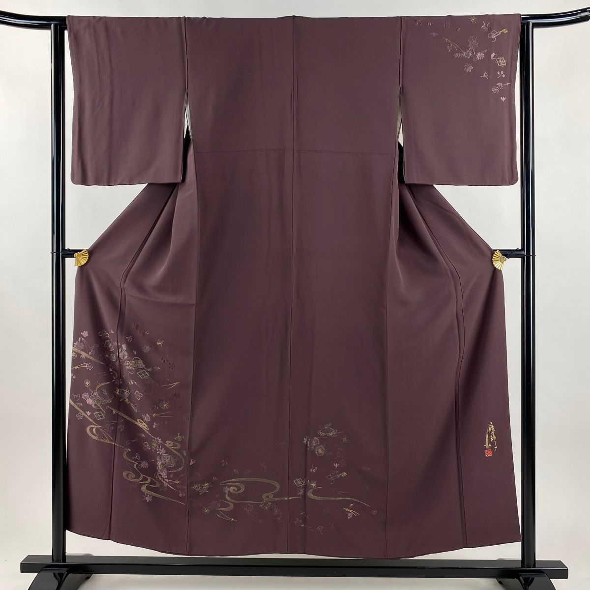 付下げ 身丈153 cm 裄丈63 S 袷 コシノアヤコ 宝尽くし 流水 刺繍 金糸 小豆色 正絹