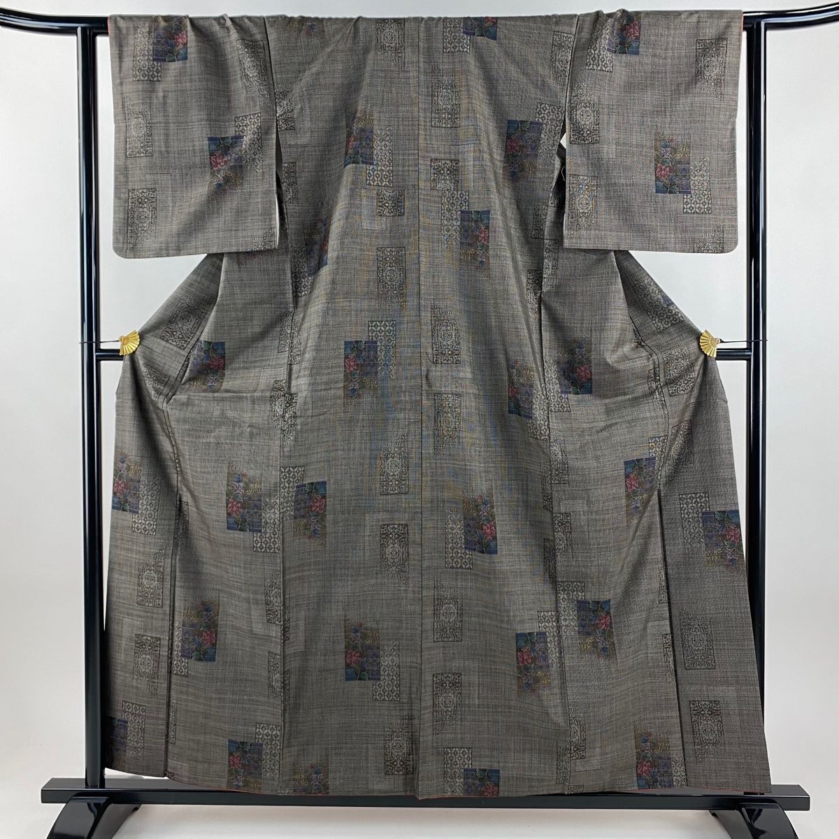 大島紬 身丈160 cm 裄丈64 M 袷 純泥染 証紙 草花 色紙 焦茶色 正絹