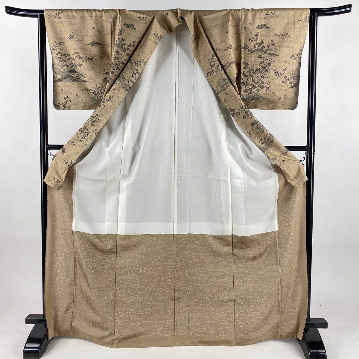 ●【最終値下げ】407mt4●二代目川村久太郎 紗紬 秋草に団扇 透け感バツグン 美品】 訪問着 身丈171.5cm 裄丈64cm M 袷 川村久太郎 紬地 落款 建物