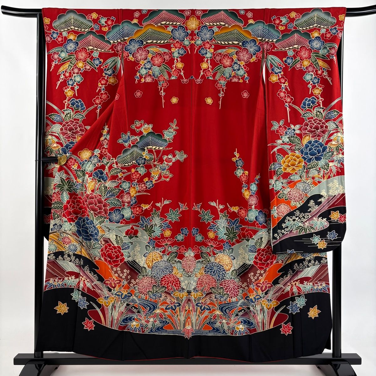 振袖 身丈156 cm 裄丈65.5 M 袷 牡丹 草花 赤 正絹