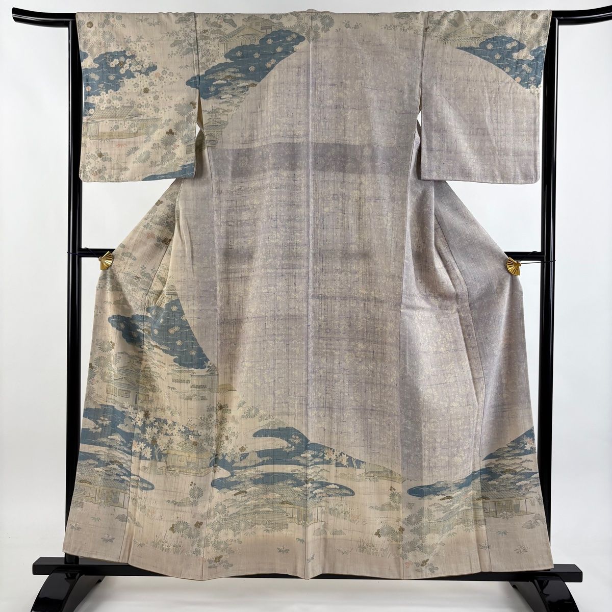 訪問着 身丈158.5 cm 裄丈63.5 S 袷 紬地 建物 松竹梅 ベージュ 正絹