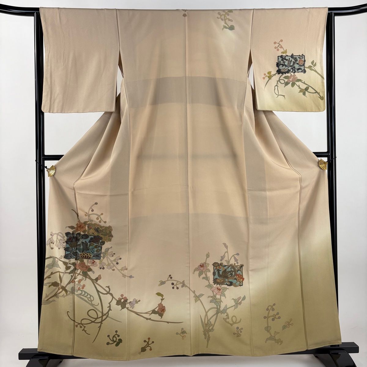 訪問着 身丈160 5 cm 裄丈63 S 袷 草花 鳥 金彩 ベージュ 正絹 一つ紋