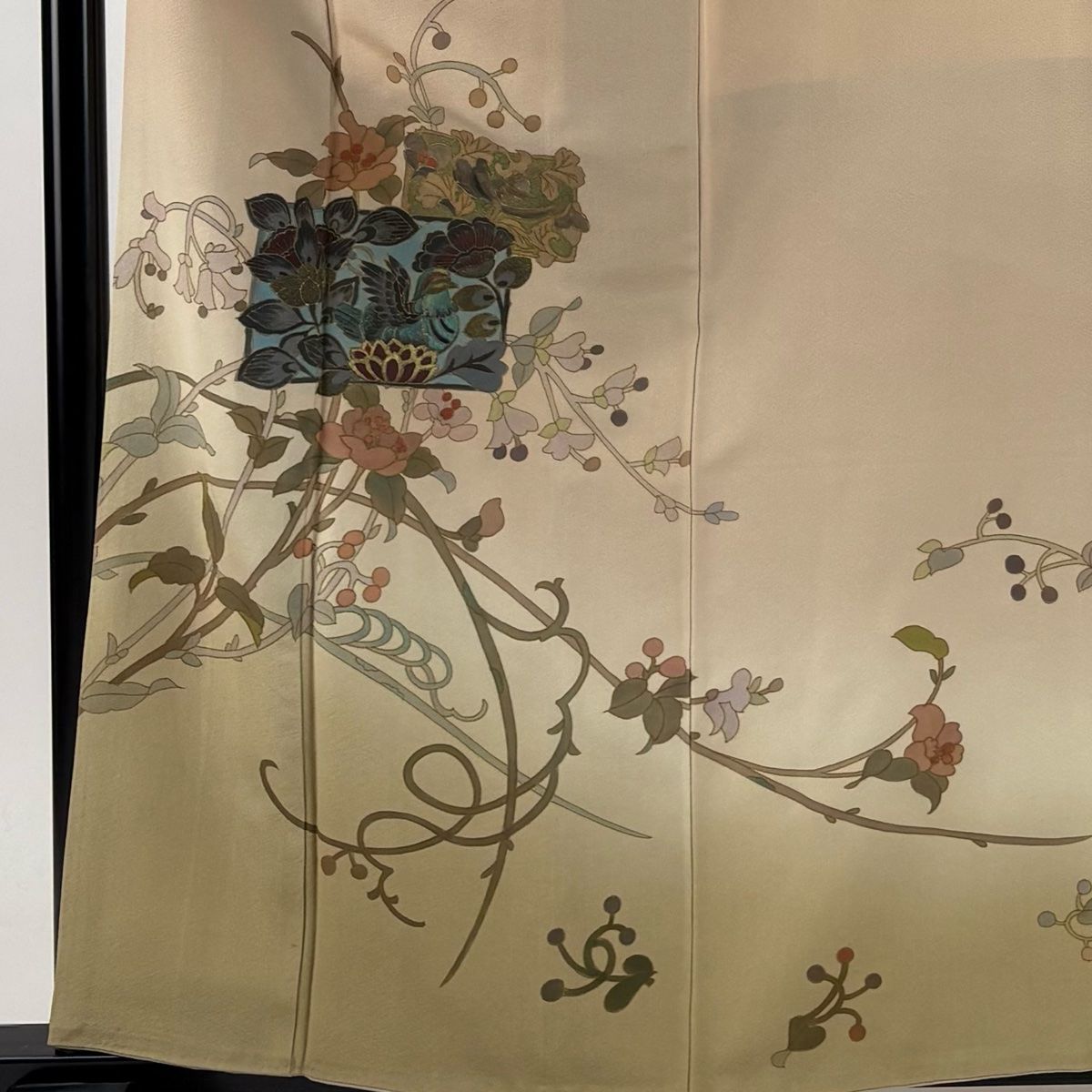 訪問着 身丈160 5 cm 裄丈63 S 袷 草花 鳥 金彩 ベージュ 正絹 一つ紋