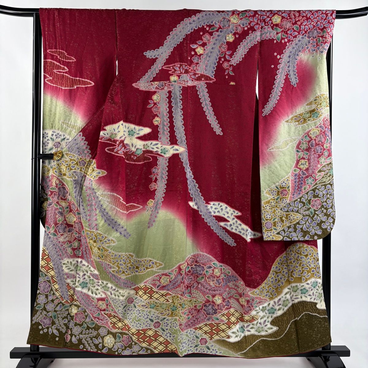 振袖 身丈158 cm 裄丈65 5 M 袷 辻が花 霞 金通し 金彩 赤 正絹