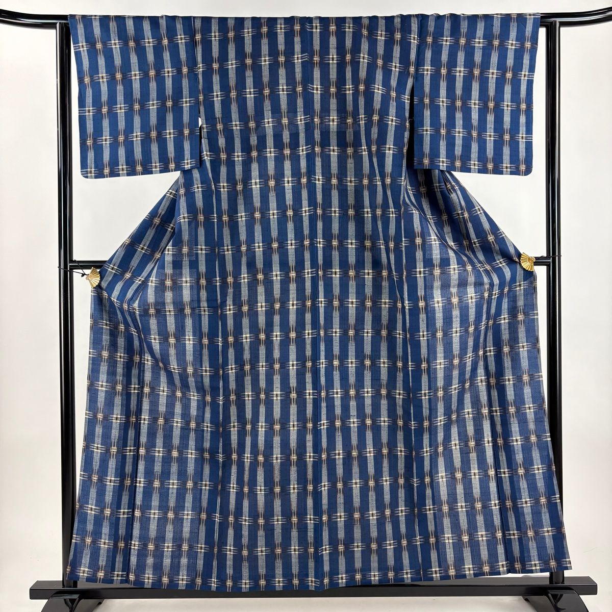 紬 身丈159 cm 裄丈62 5 S 単衣 縞 幾何学模様 藍色 正絹