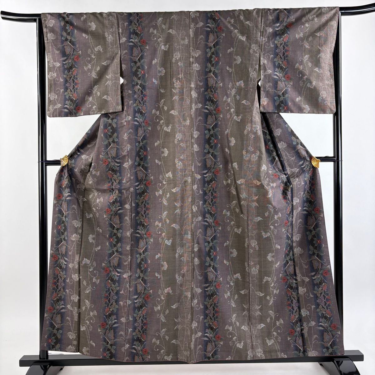 紬 身丈157 cm 裄丈64 5 M 袷 蝶 草花 茶紫 正絹