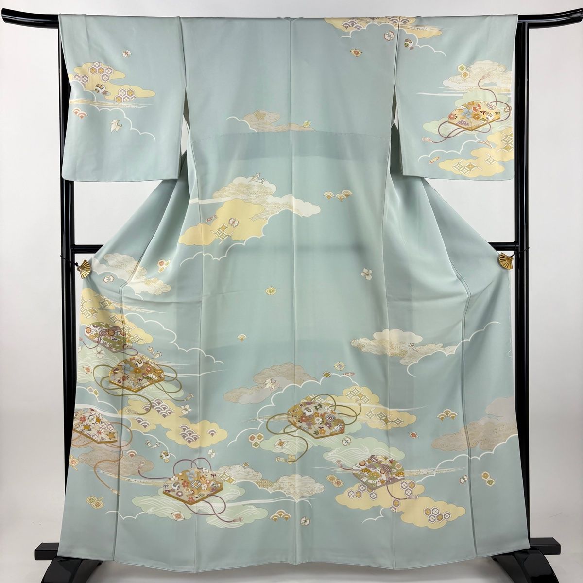 訪問着 身丈163 cm 裄丈65 M 袷 文箱 宝尽くし 金糸 金彩 水色 正絹