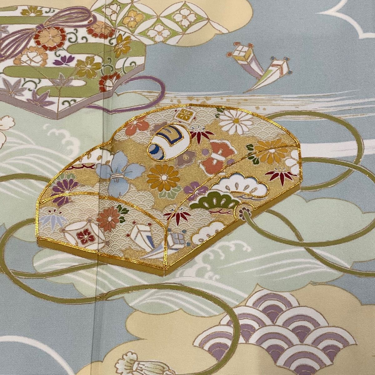  訪問着 身丈163 cm 裄丈65 M 袷 文箱 宝尽くし 金糸 金彩 水色 正絹 訪問着 付け下げ 着物