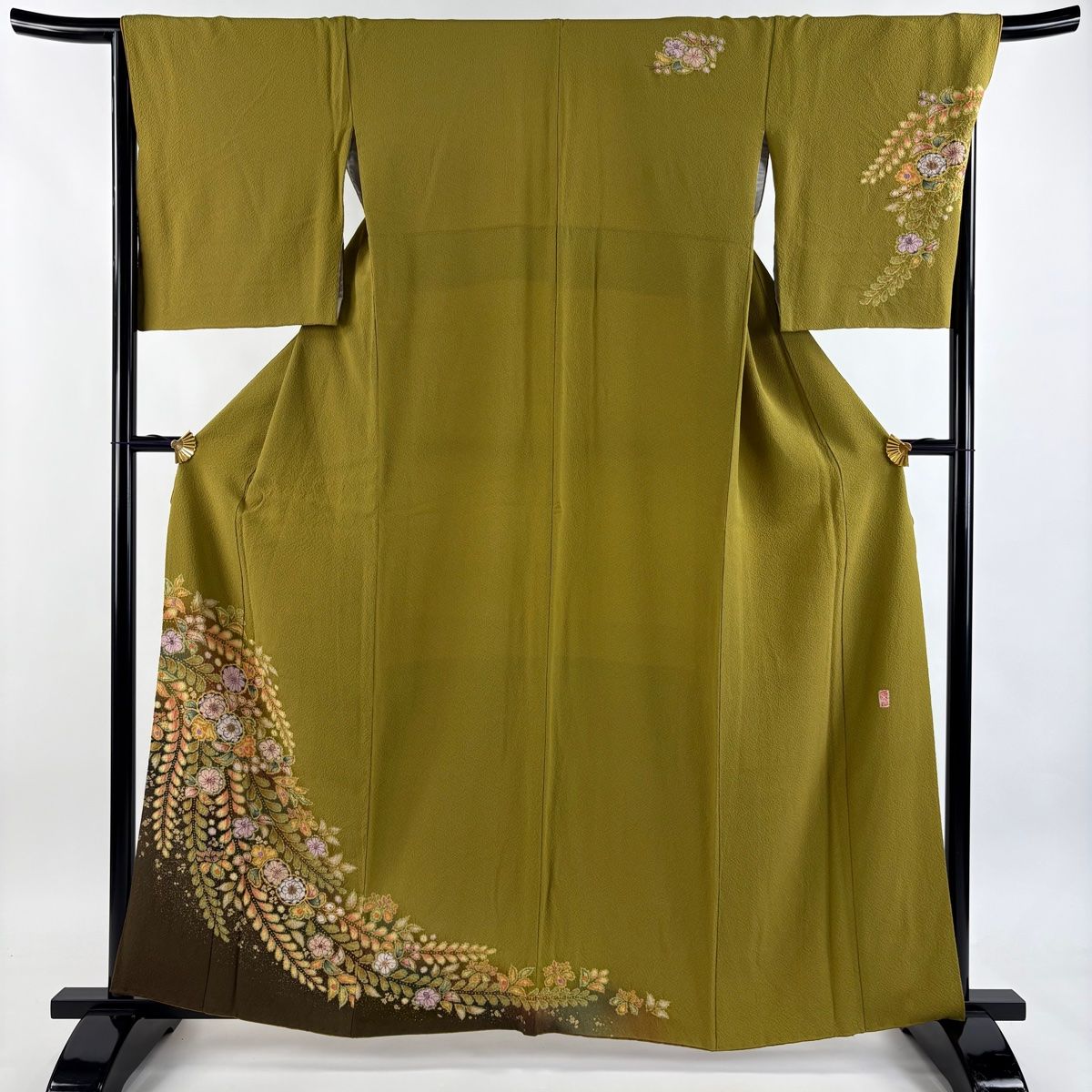 訪問着 身丈161.5 cm 裄丈67 M 袷 翠山工房 やまと 落款 辻が花 金彩 染め分け 鶯色 正絹