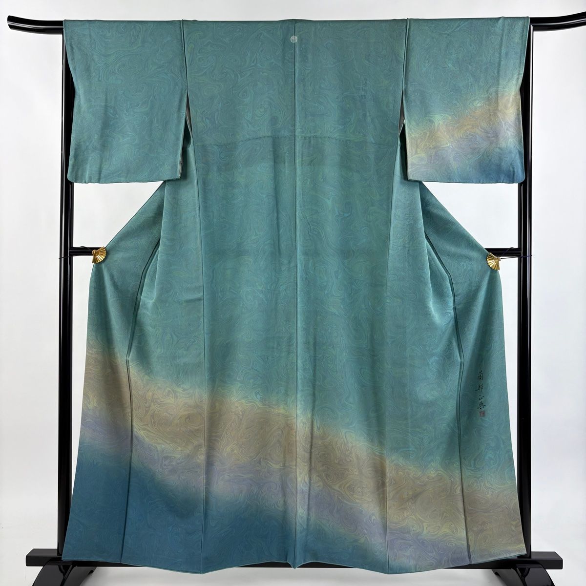 付下げ 身丈158 cm 裄丈66 M 袷 薗部正典 落款 墨流し 染め分け ぼかし 青緑 正絹 一つ紋