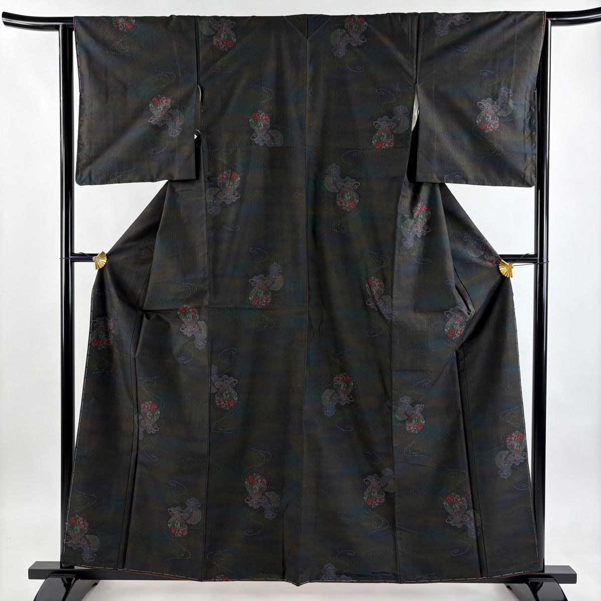 大島紬 身丈160 cm 裄丈63 5 S 袷 泥染 証紙 巾着 流水 焦茶色 正絹