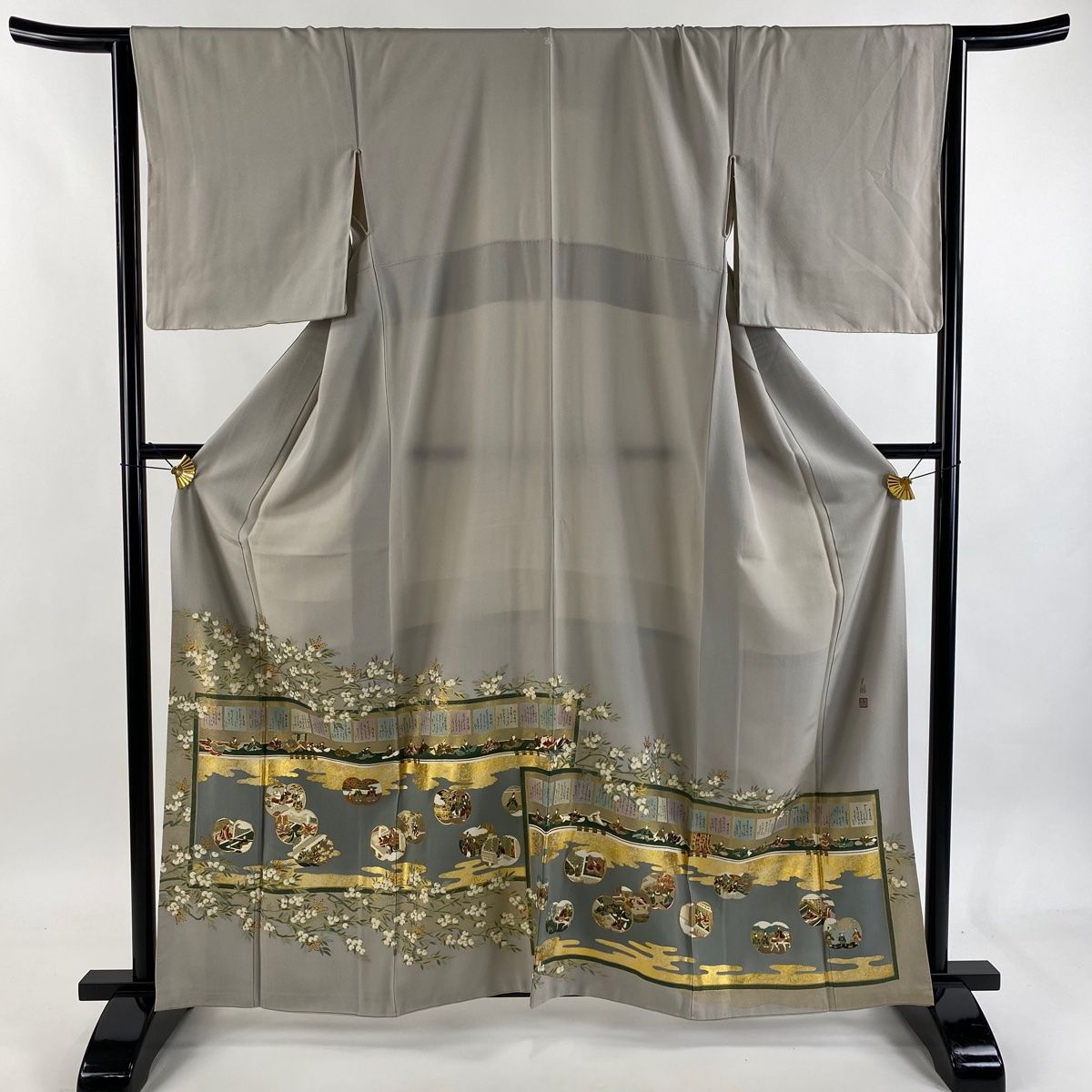 色留袖 身丈162 cm 裄丈65.5 M 袷 松尾光琳 落款 百人一首 団扇 金糸 金彩 灰色 正絹 一つ紋