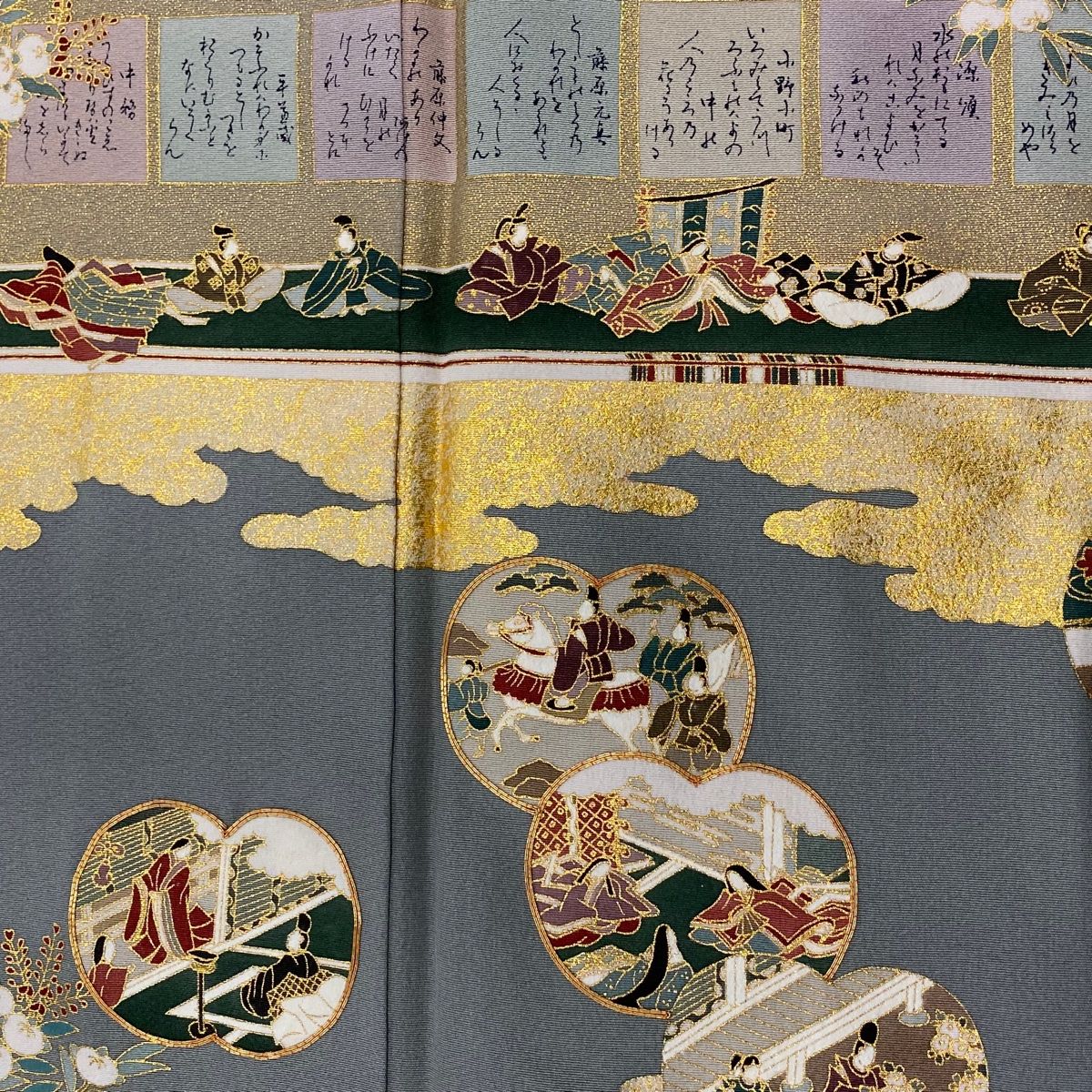  色留袖 身丈162 cm 裄丈65 5 M 袷 松尾光琳 落款 百人一首 団扇 金糸 金彩 灰色 正絹 一つ紋 色留袖 着物