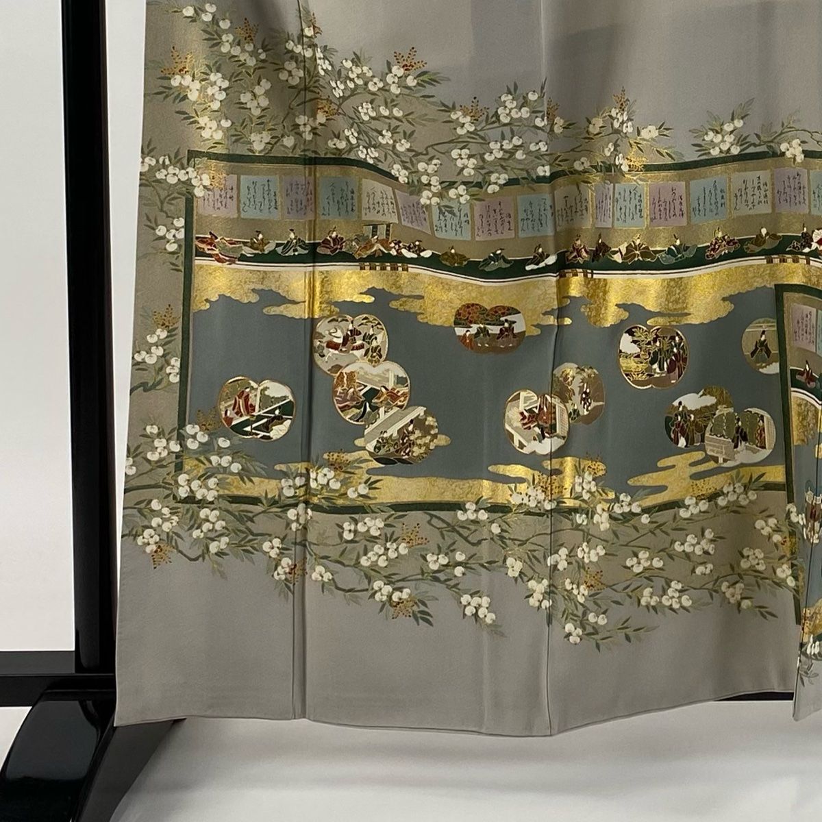 色留袖 身丈162 cm 裄丈65 5 M 袷 松尾光琳 落款 百人一首 団扇 金糸 金彩 灰色 正絹 一つ紋