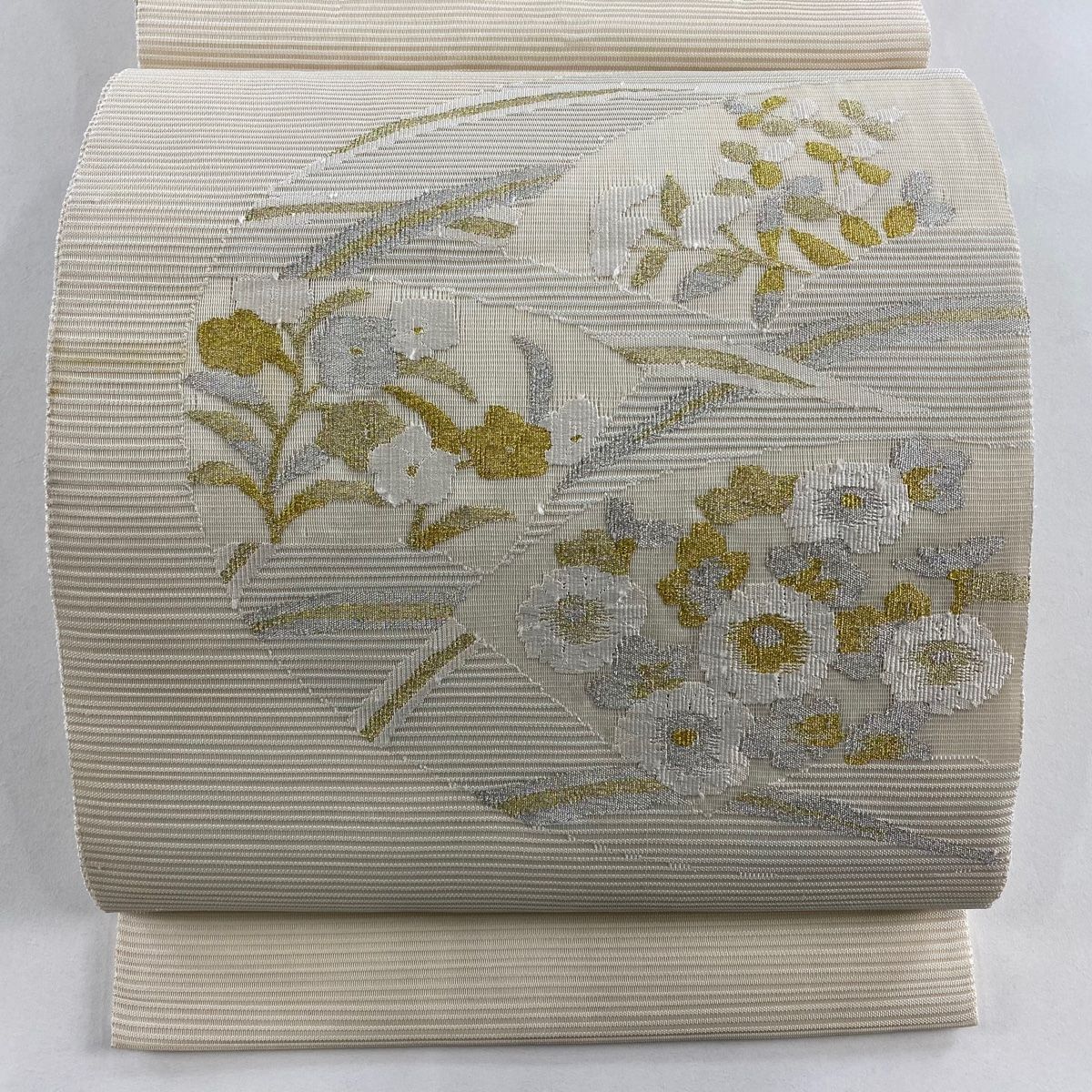 袋帯 秀品 夏帯 絽 扇面 草花 金銀糸 クリーム お太鼓柄 正絹 【中古
