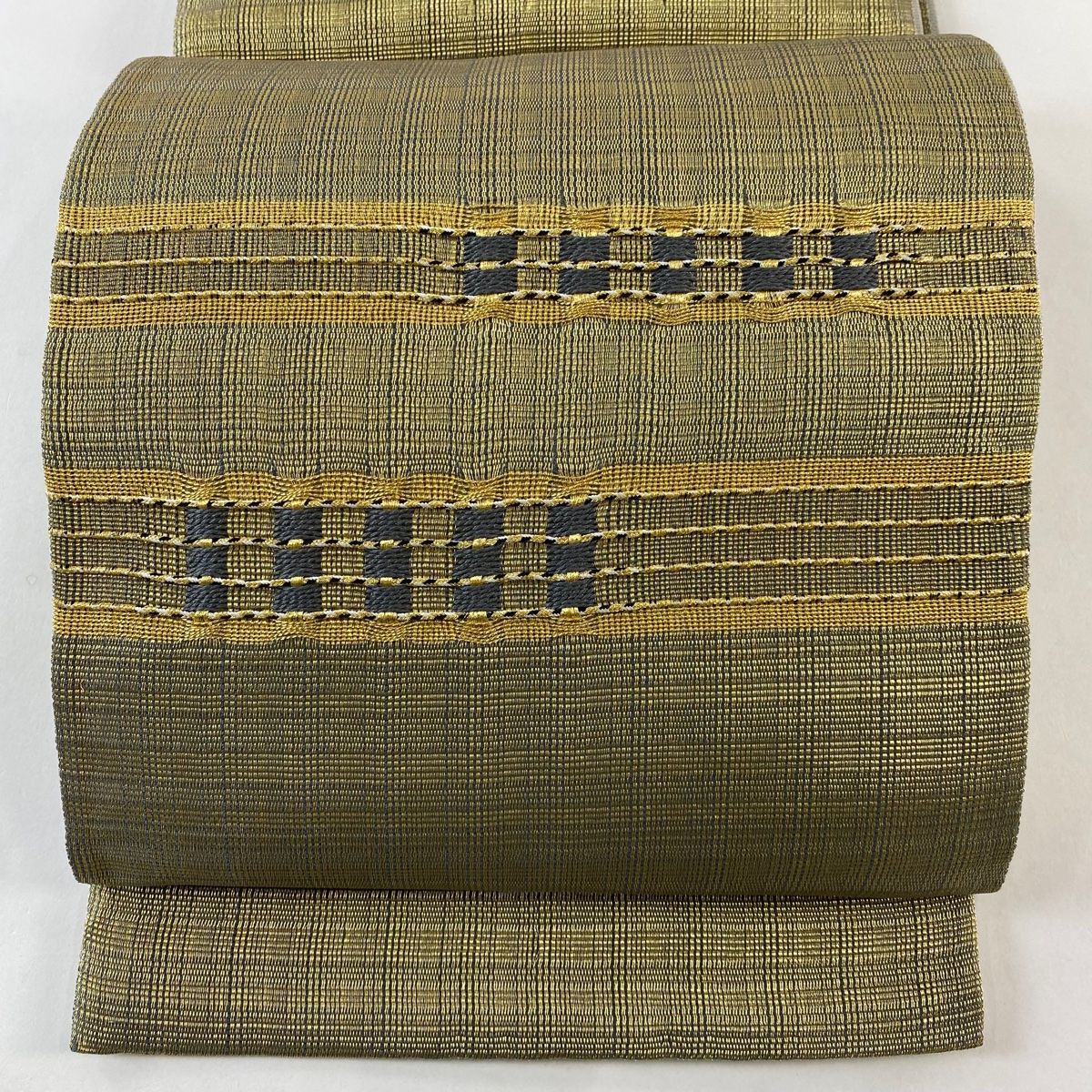 袋帯 秀品 縞 幾何学 金糸 緑 お太鼓柄 正絹