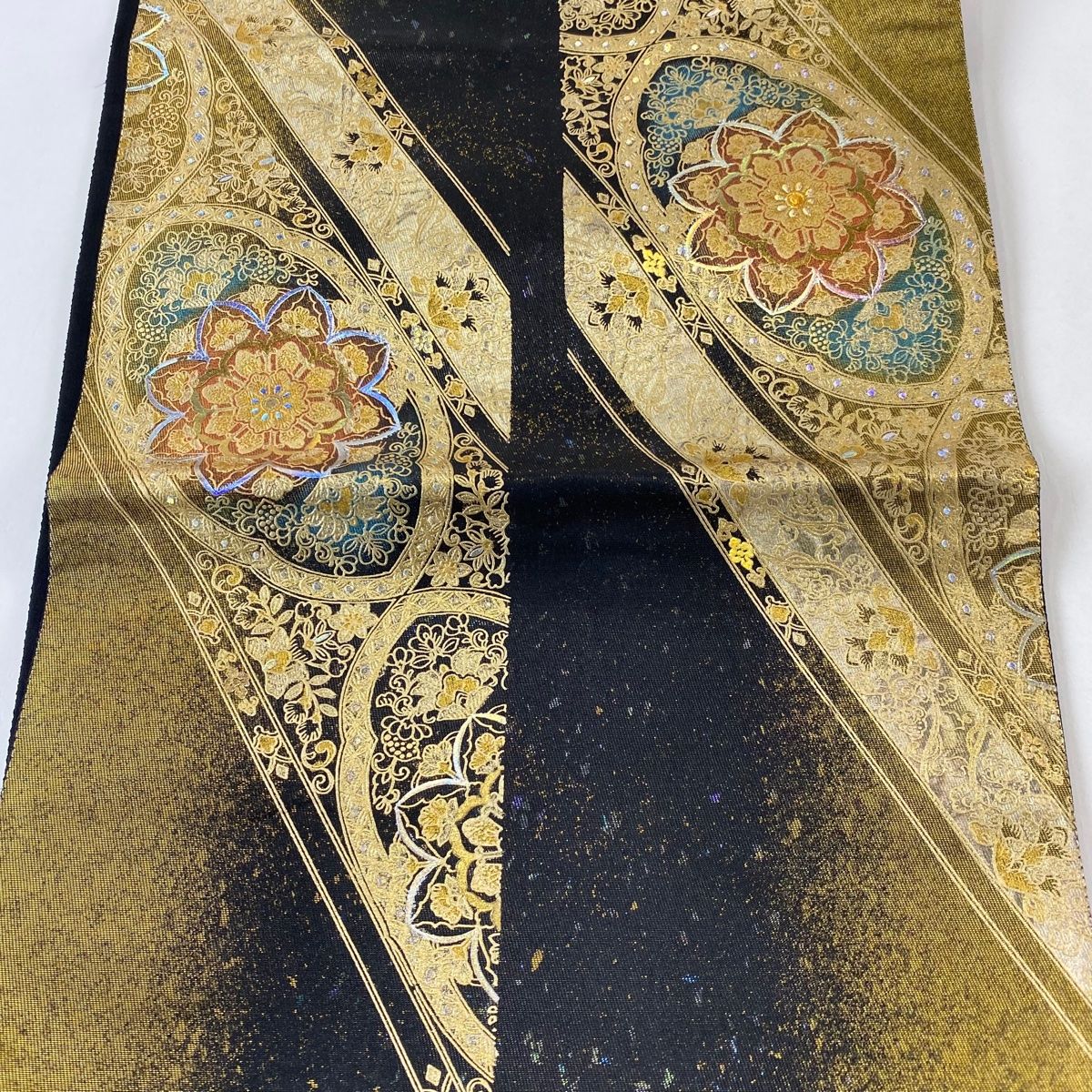  袋帯 秀品 落款 華文 鳥 金銀彩 黒 六通 正絹 袋帯 帯