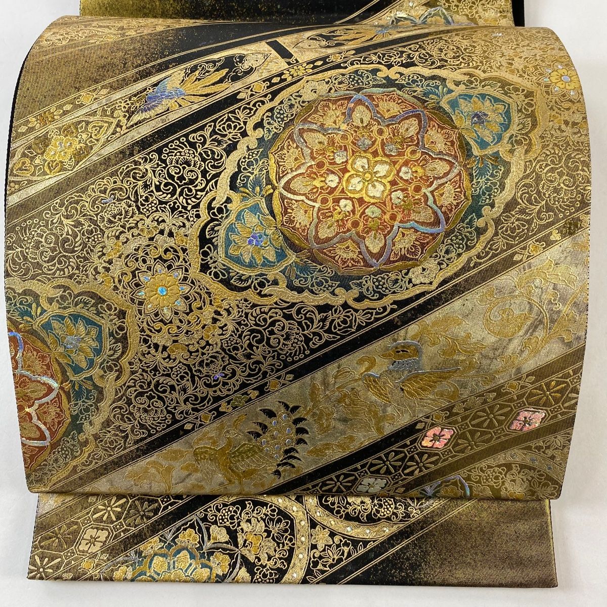袋帯 秀品 落款 華文 鳥 金銀彩 黒 六通 正絹