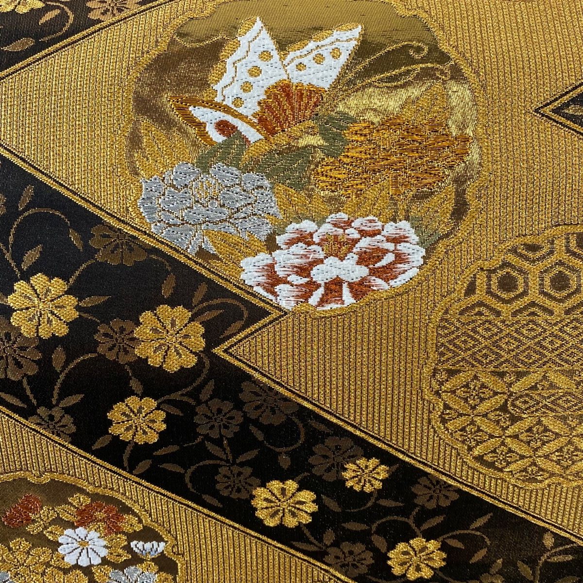 袋帯 秀品 本金箔二重織 雪輪 草花 金銀糸 箔 焦茶色 六通 正絹