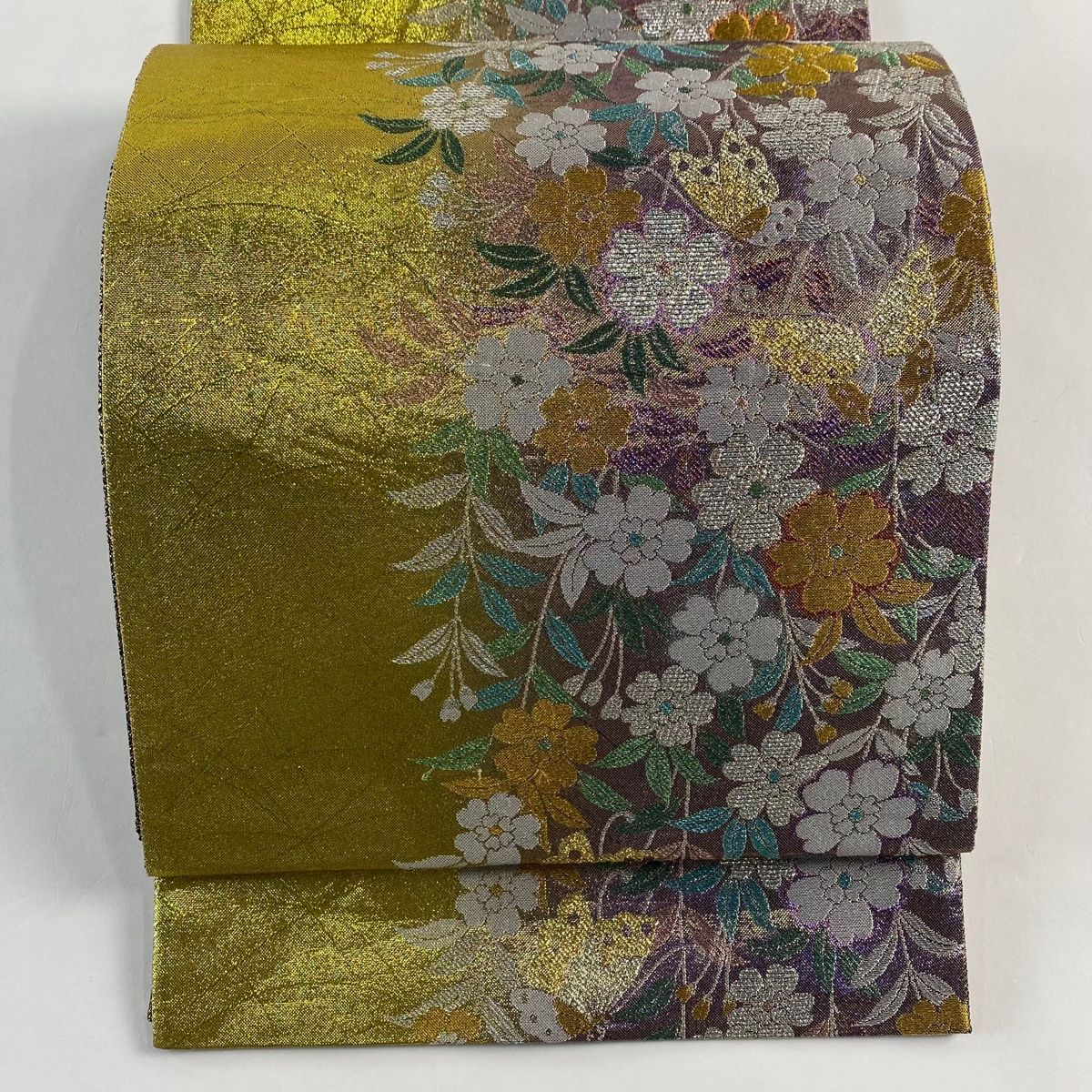 袋帯 秀品 枝垂れ桜 蝶 金糸 箔 抹茶色 六通 正絹