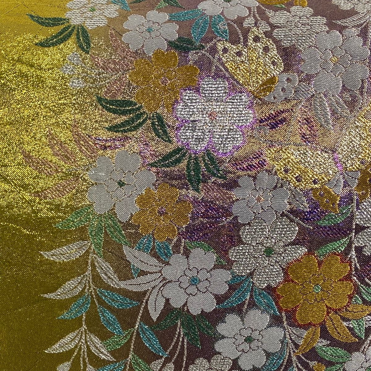 袋帯 秀品 枝垂れ桜 蝶 金糸 箔 抹茶色 六通 正絹