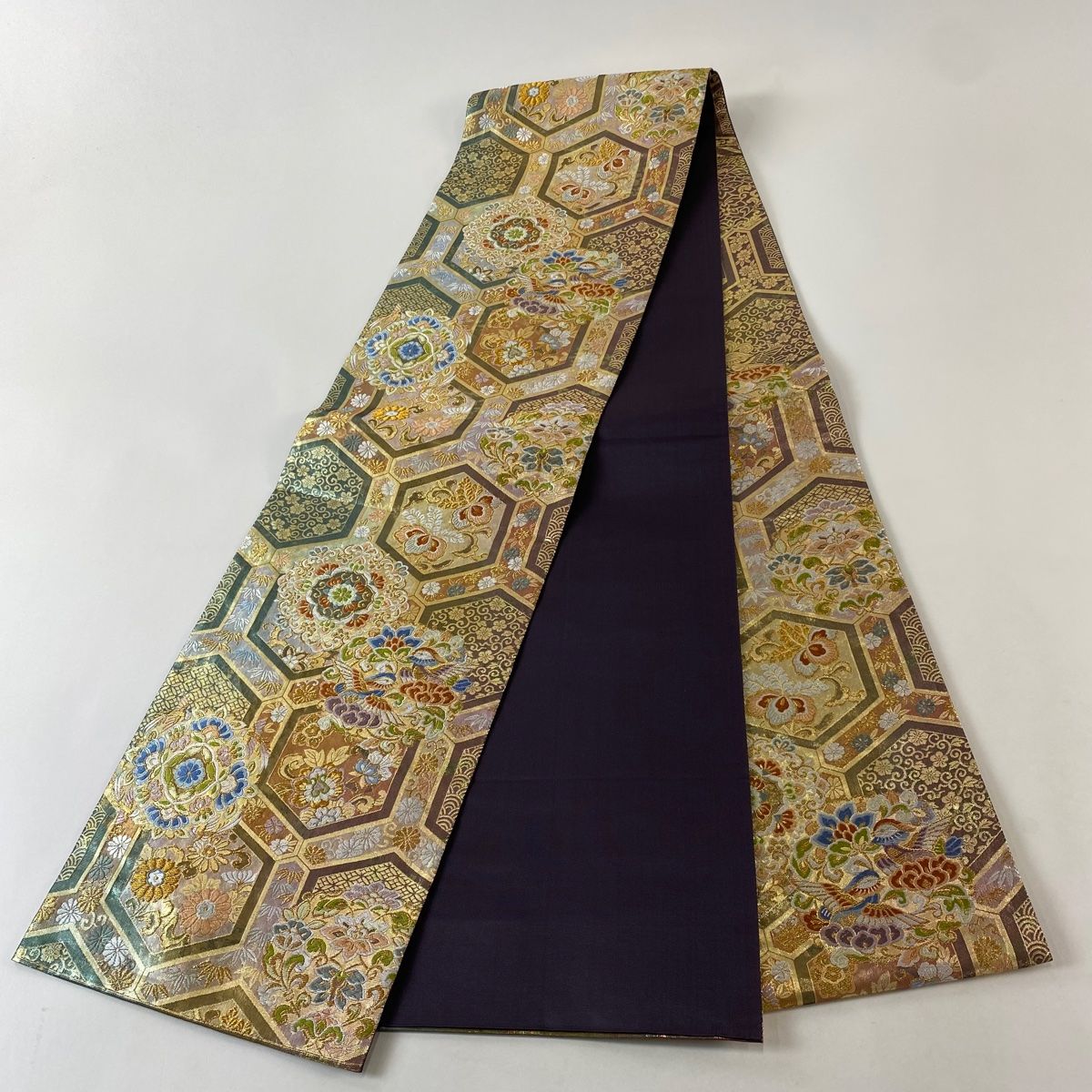  袋帯 秀品 華文 鴛鴦 金糸 箔 茶緑色 六通 正絹 袋帯 帯