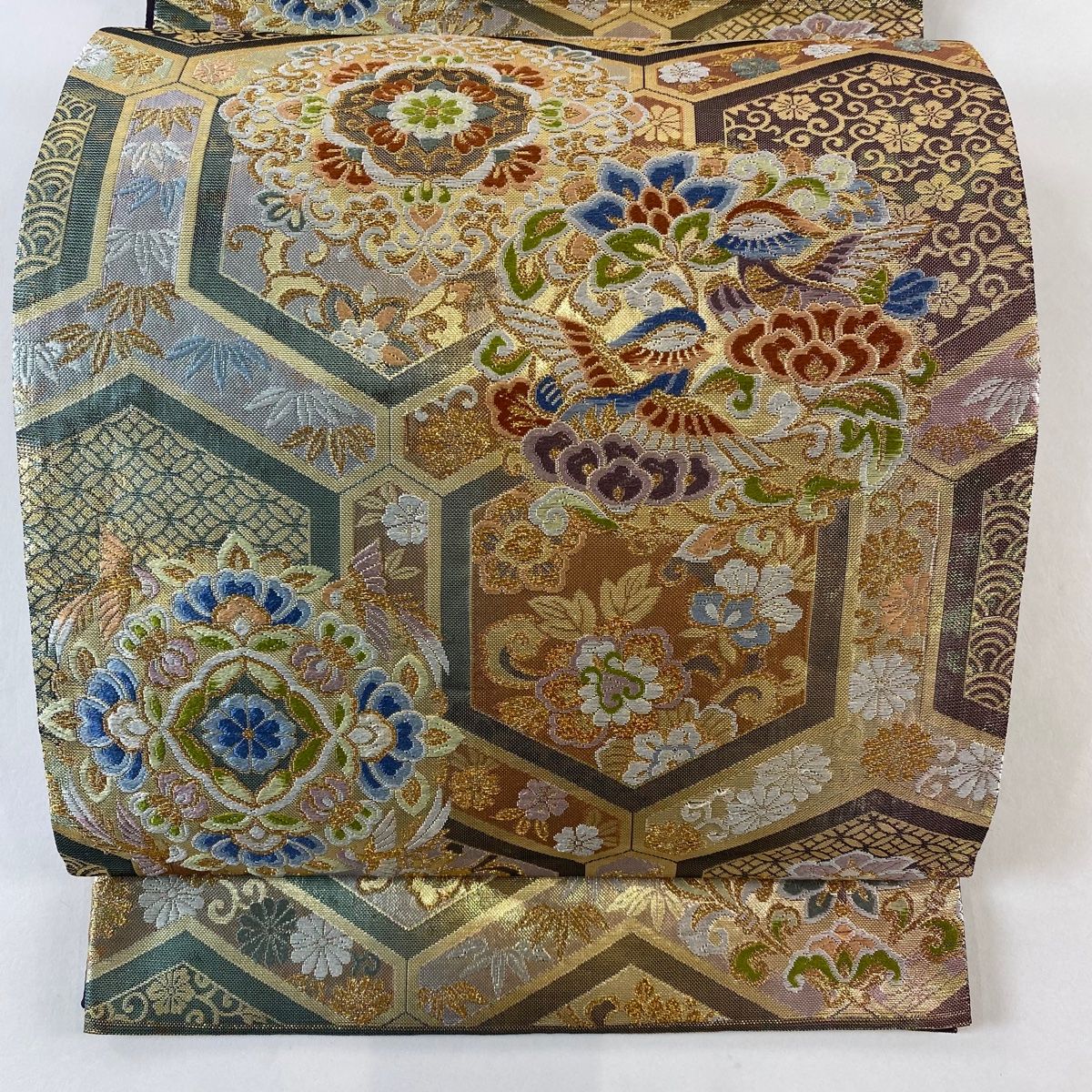 袋帯 秀品 華文 鴛鴦 金糸 箔 茶緑色 六通 正絹