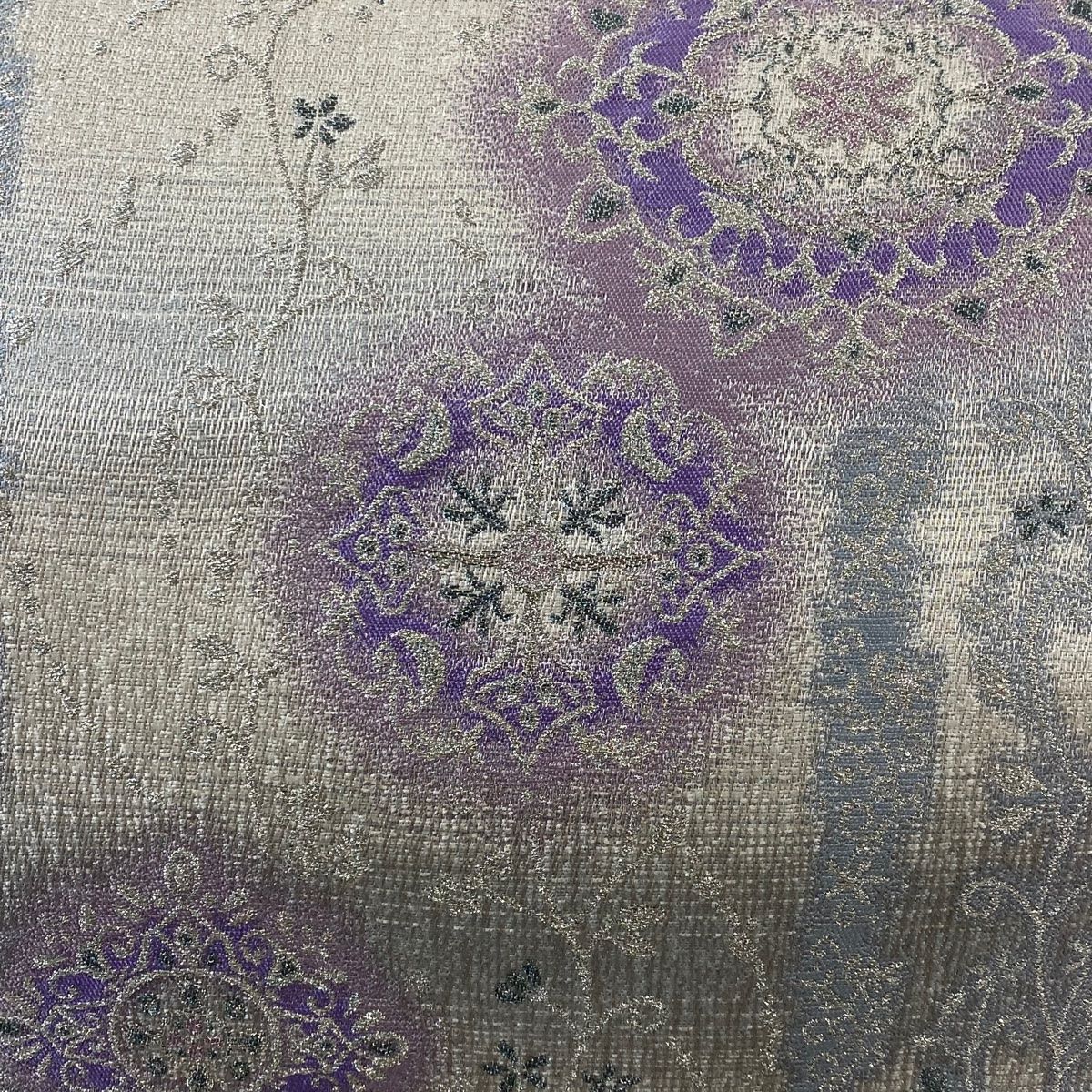 袋帯 秀品 華文 銀糸 箔 灰紫 六通 正絹