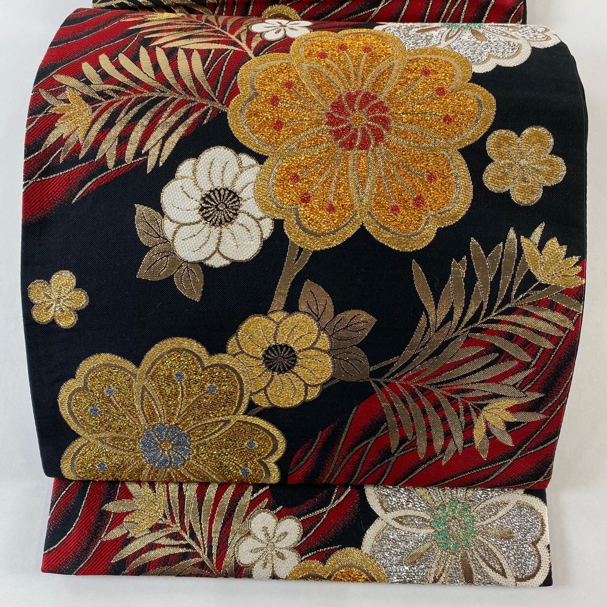 袋帯 秀品 桜 流水 金糸 箔 赤黒 六通 正絹