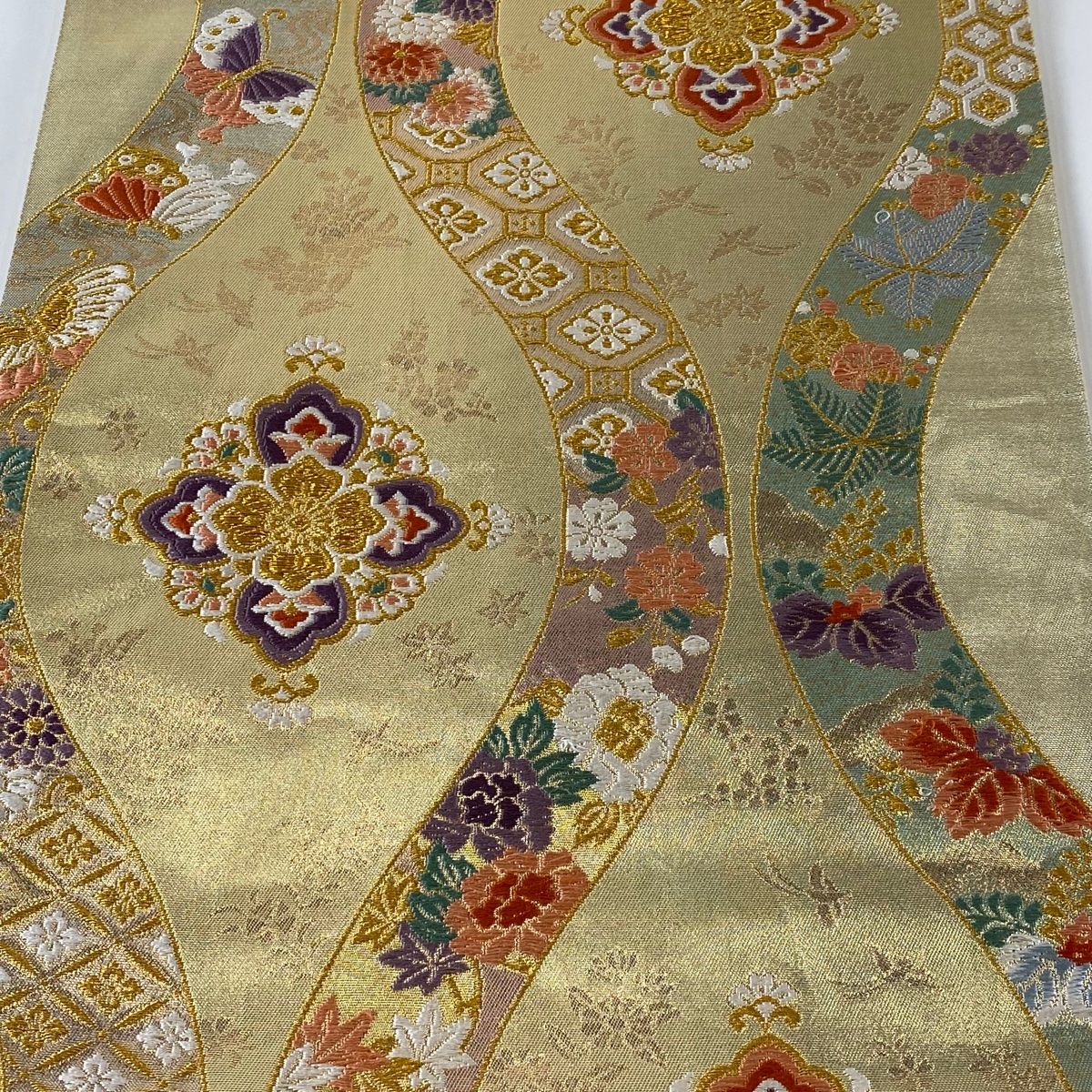  袋帯 秀品 華文 蝶々 箔 金糸 金色 六通 正絹 袋帯 帯