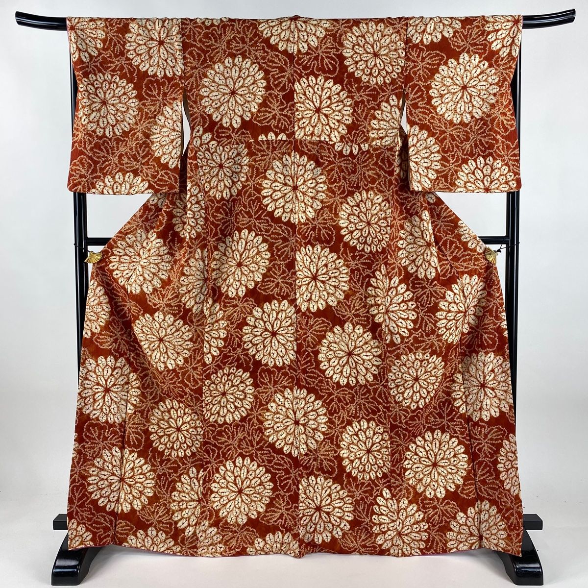小紋 身丈169cm 裄丈68cm L 袷 南部茜染め 紬地 菊 朱色 正絹 逸品