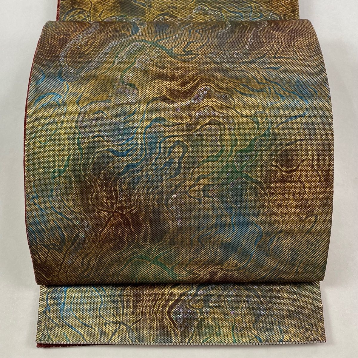 袋帯 落款 伝統箔匠 木村幸啓 幾何学模様 箔 茶緑色 お太鼓柄 正絹