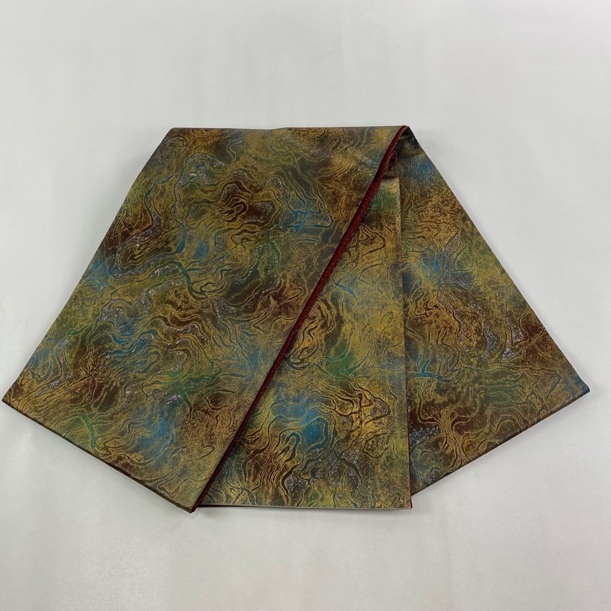 袋帯 落款 伝統箔匠 木村幸啓 幾何学模様 箔 茶緑色 お太鼓柄 正絹 袋帯 帯