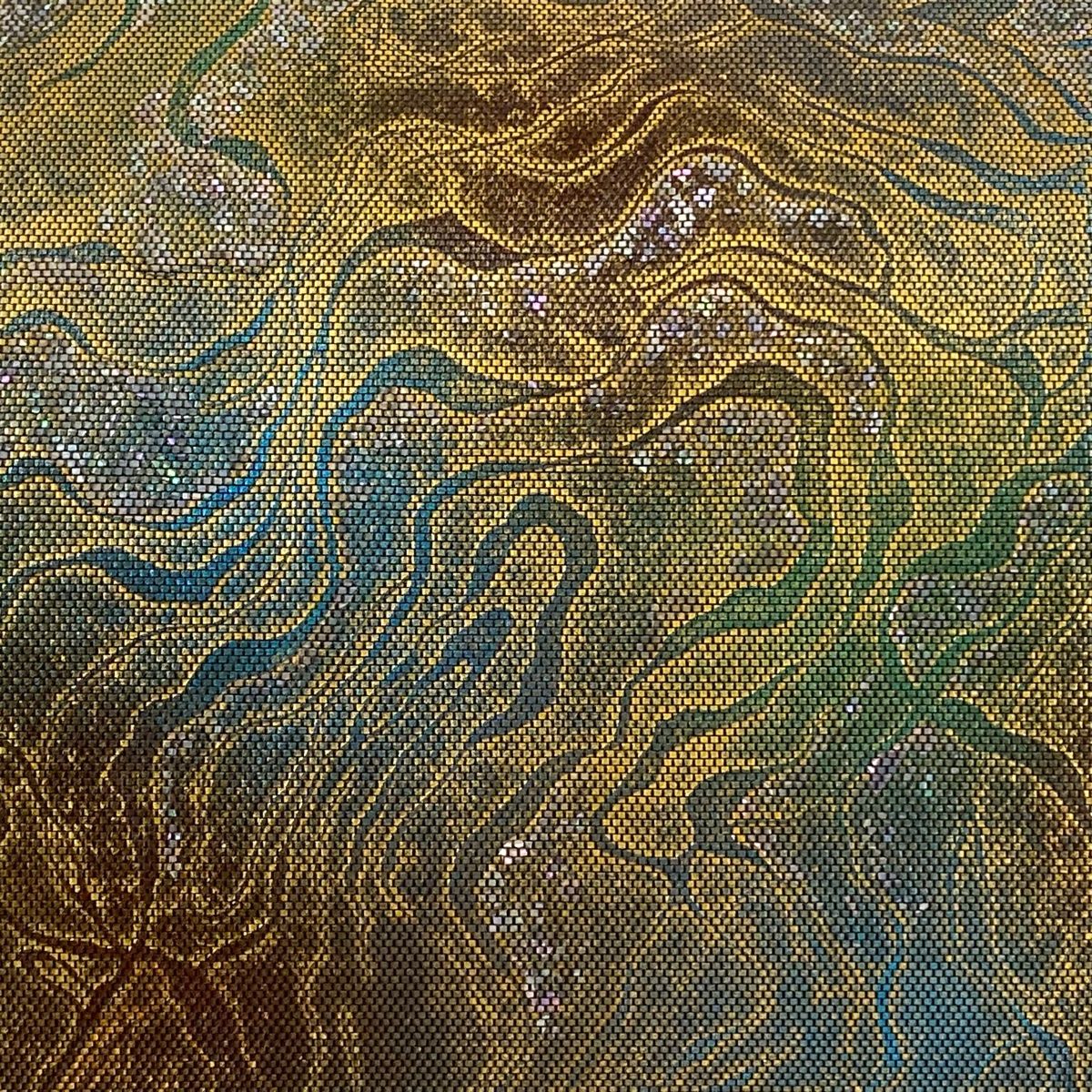 袋帯 落款 伝統箔匠 木村幸啓 幾何学模様 箔 茶緑色 お太鼓柄 正絹