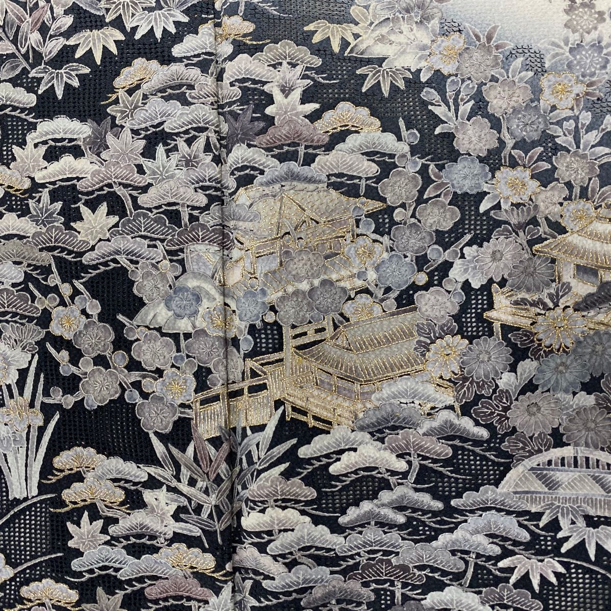  訪問着 身丈160.5 cm 裄丈66 M 袷 松竹 建物 刺繍 金糸 灰色 正絹 訪問着 付け下げ 着物