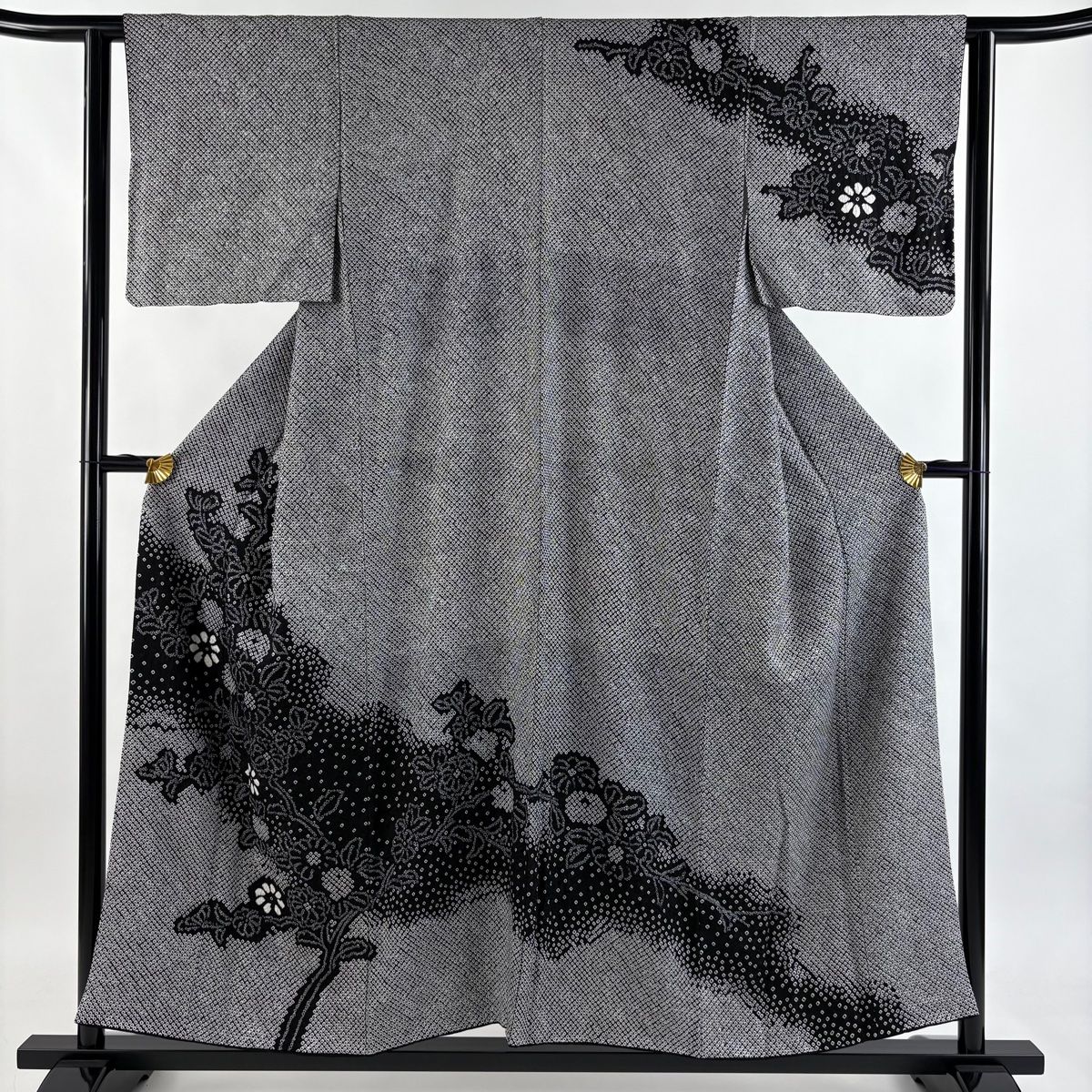 訪問着 身丈154.5 cm 裄丈61.5 S 袷 枝花 霞 総絞り 黒 正絹