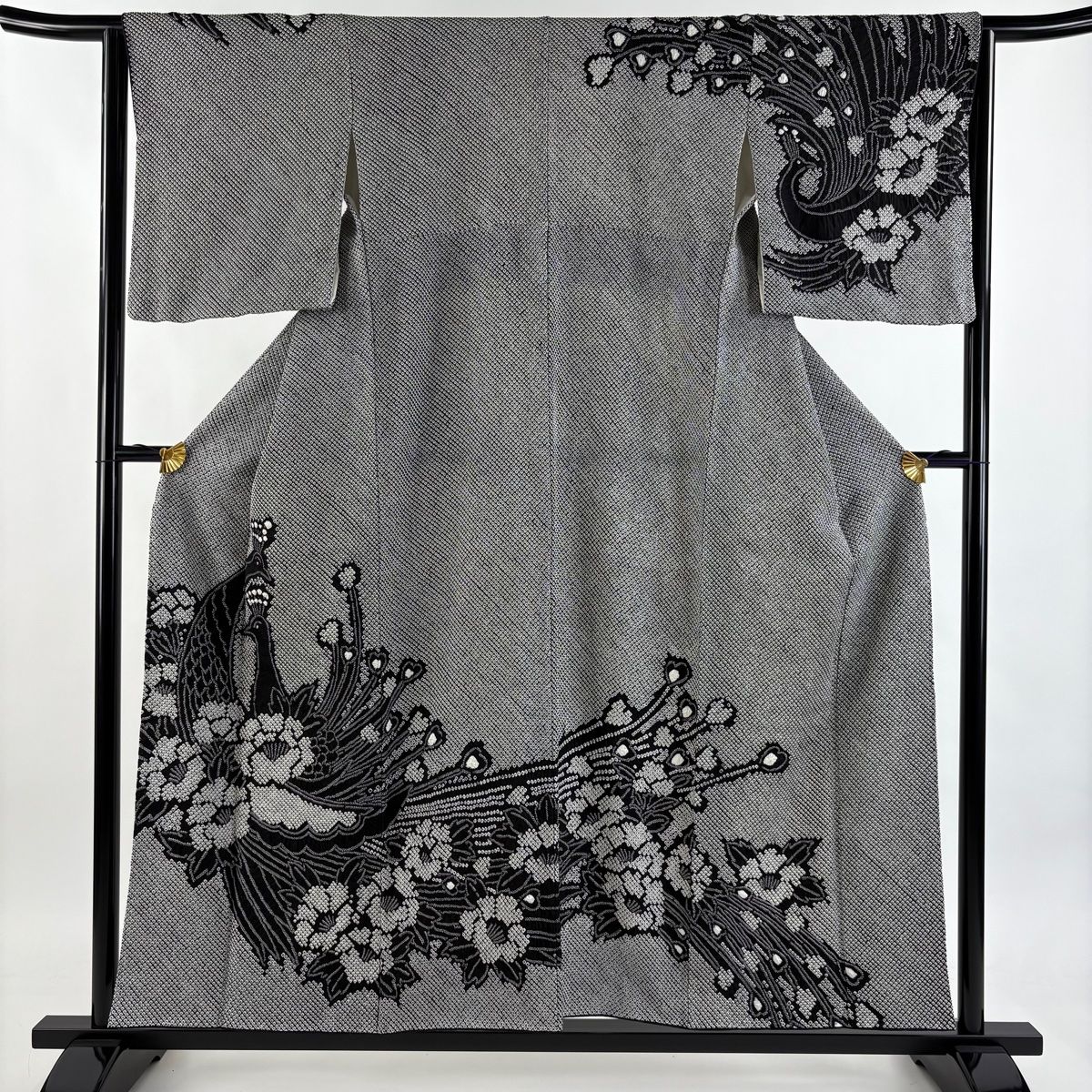 訪問着 身丈155 cm 裄丈63 S 袷 孔雀 牡丹 総絞り 黒 正絹