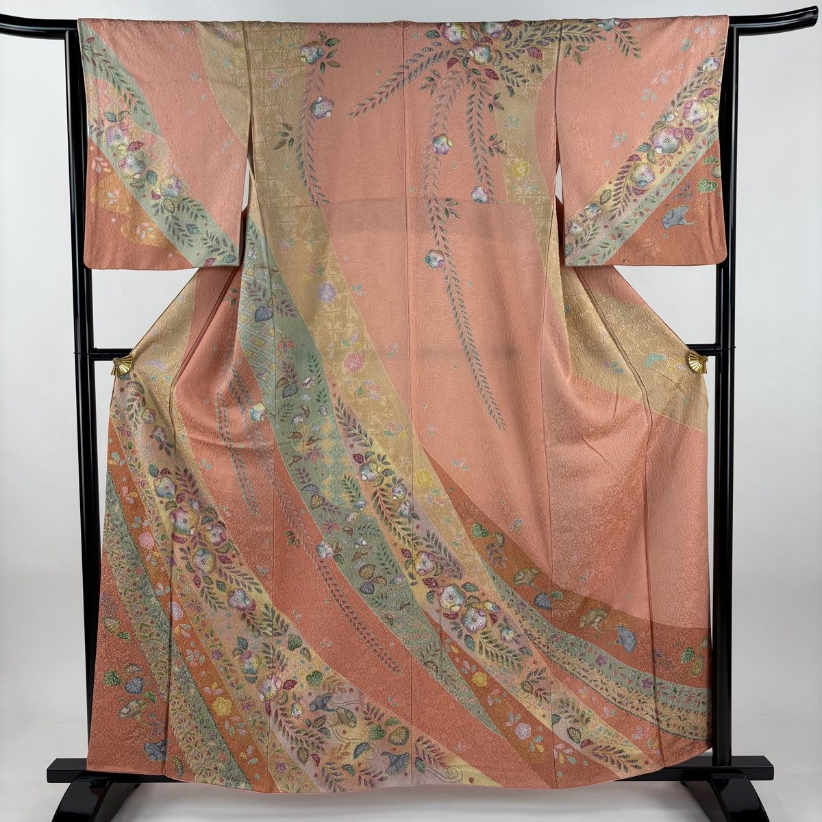 訪問着 身丈159 cm 裄丈64 M 袷 辻が花柄 金彩 サーモンピンク 正絹