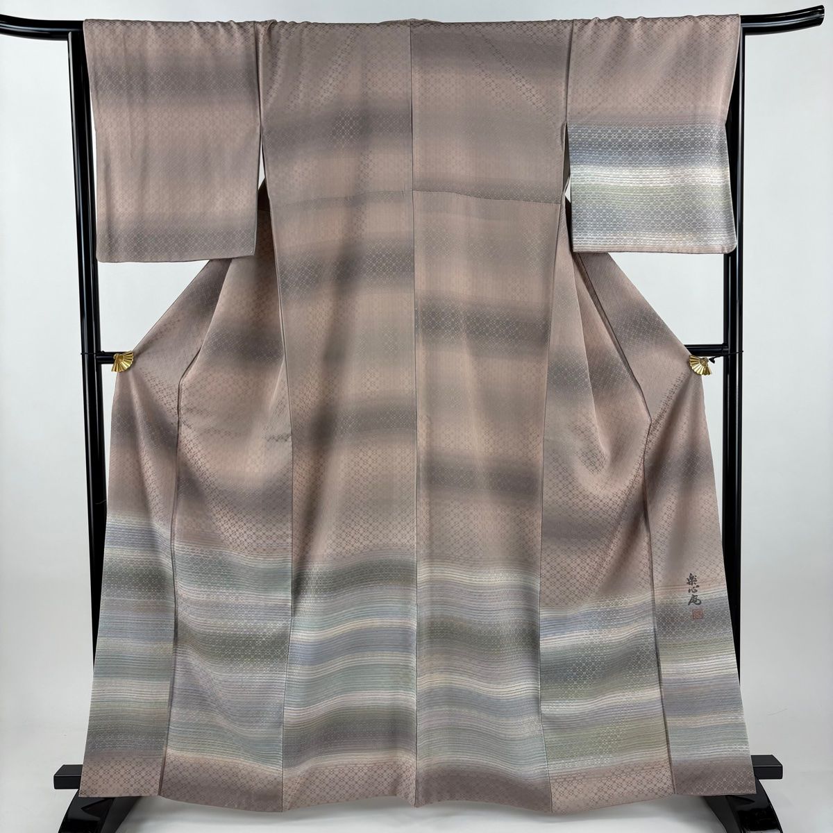 付下げ 身丈162.5 cm 裄丈66 M 袷 紬地 落款 縞 幾何学 花織 ぼかし 薄小豆 正絹