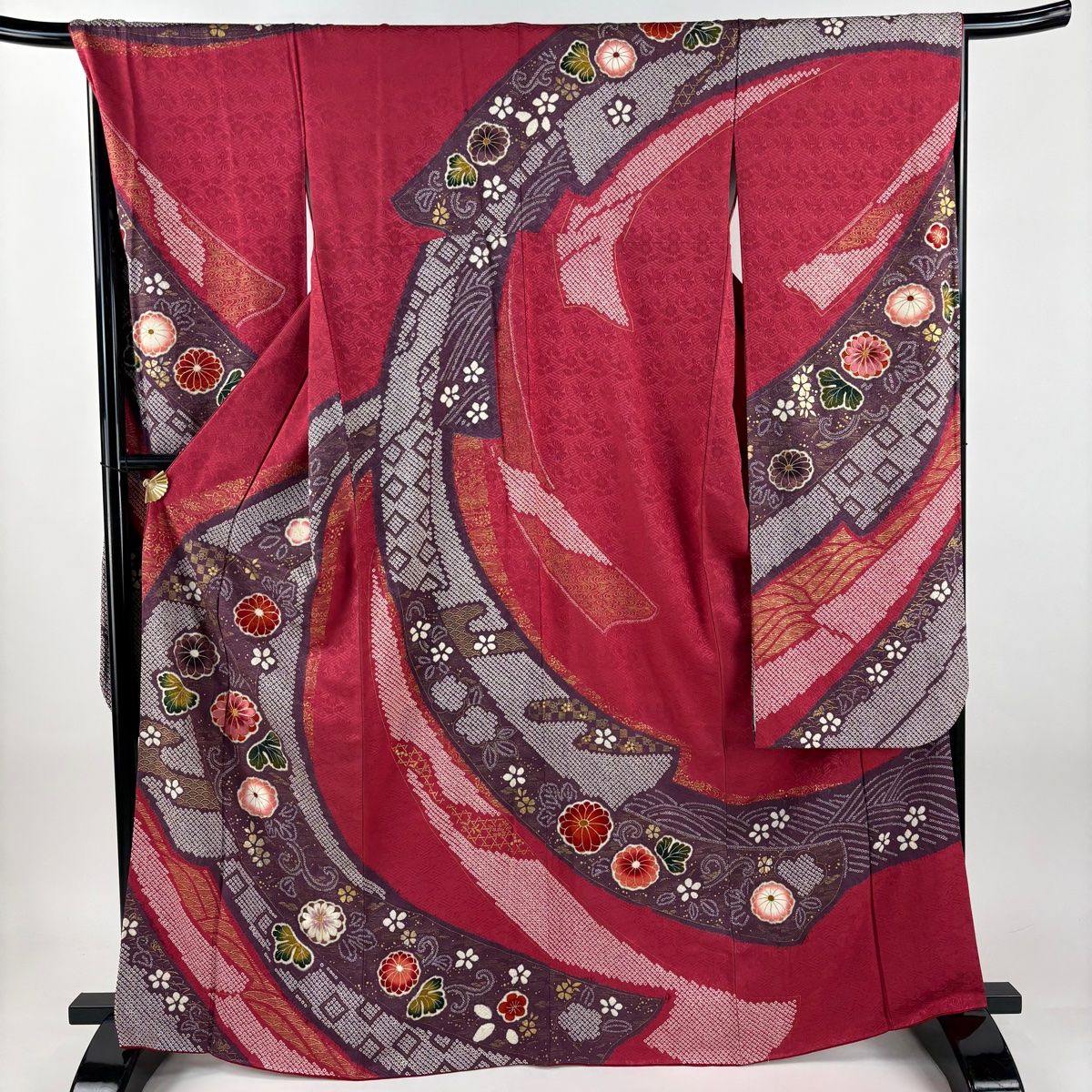 振袖 身丈166 cm 裄丈68 L 袷 菊 青海波 絞り 刺繍 濃ピンク 正絹