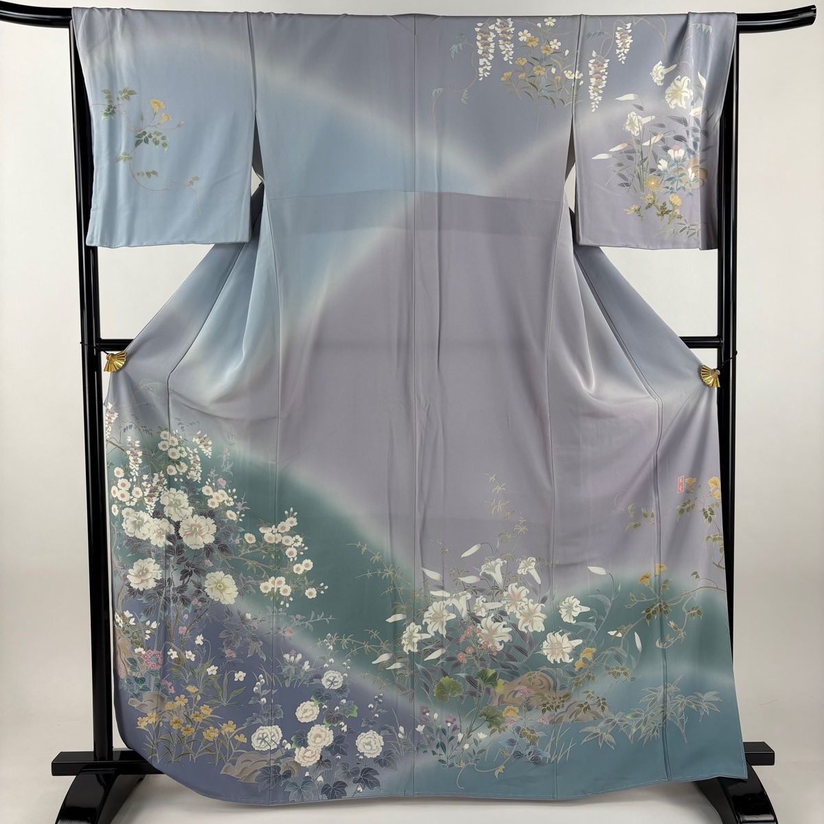 訪問着 身丈165 cm 裄丈67 M 袷 鈴乃屋 落款 草花 染め分け ぼかし 青灰色 正絹