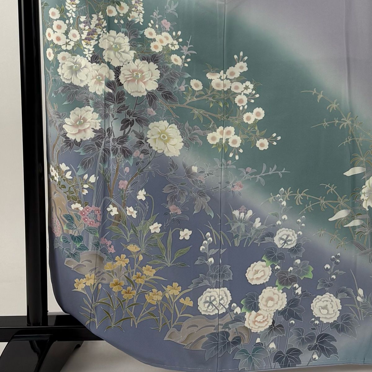 訪問着 身丈165 cm 裄丈67 M 袷 鈴乃屋 落款 草花 染め分け ぼかし 青灰色 正絹