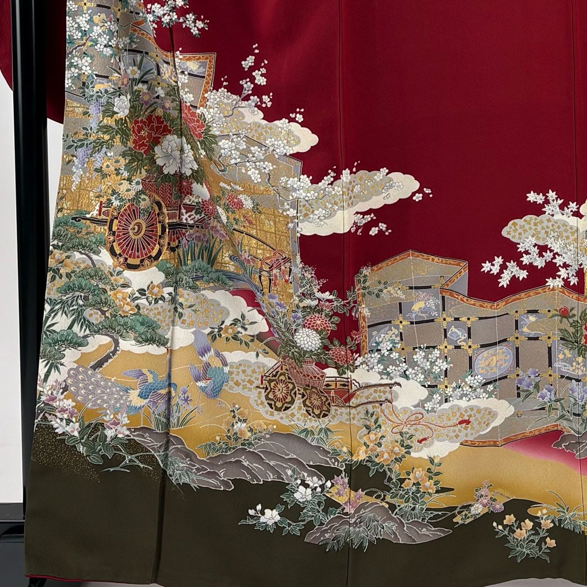 振袖 身丈163 cm 裄丈69 L 袷 花車 孔雀 金糸 金彩 赤 正絹