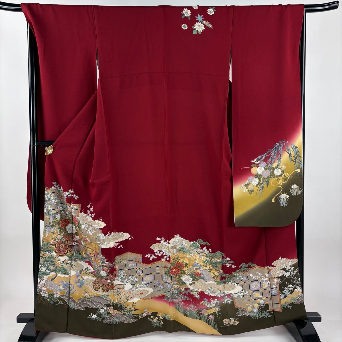 振袖 身丈163 cm 裄丈69 L 袷 花車 孔雀 金糸 金彩 赤 正絹