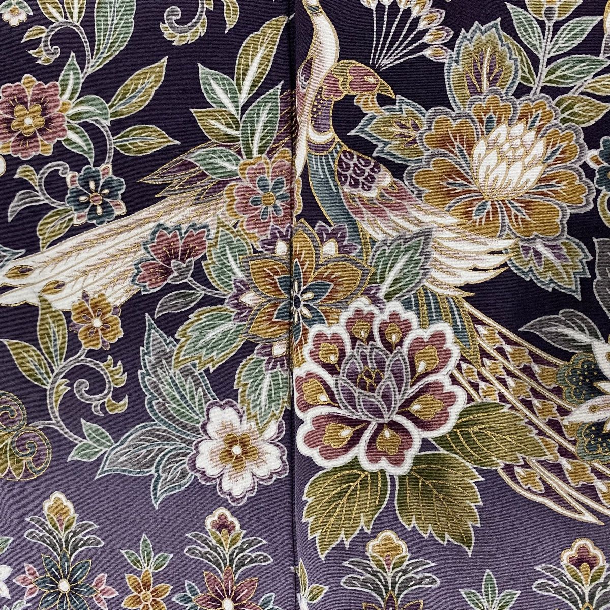  訪問着 身丈159 cm 裄丈69.5 L 袷 花唐草 孔雀 金彩 ぼかし 紫 正絹 訪問着 付け下げ 着物