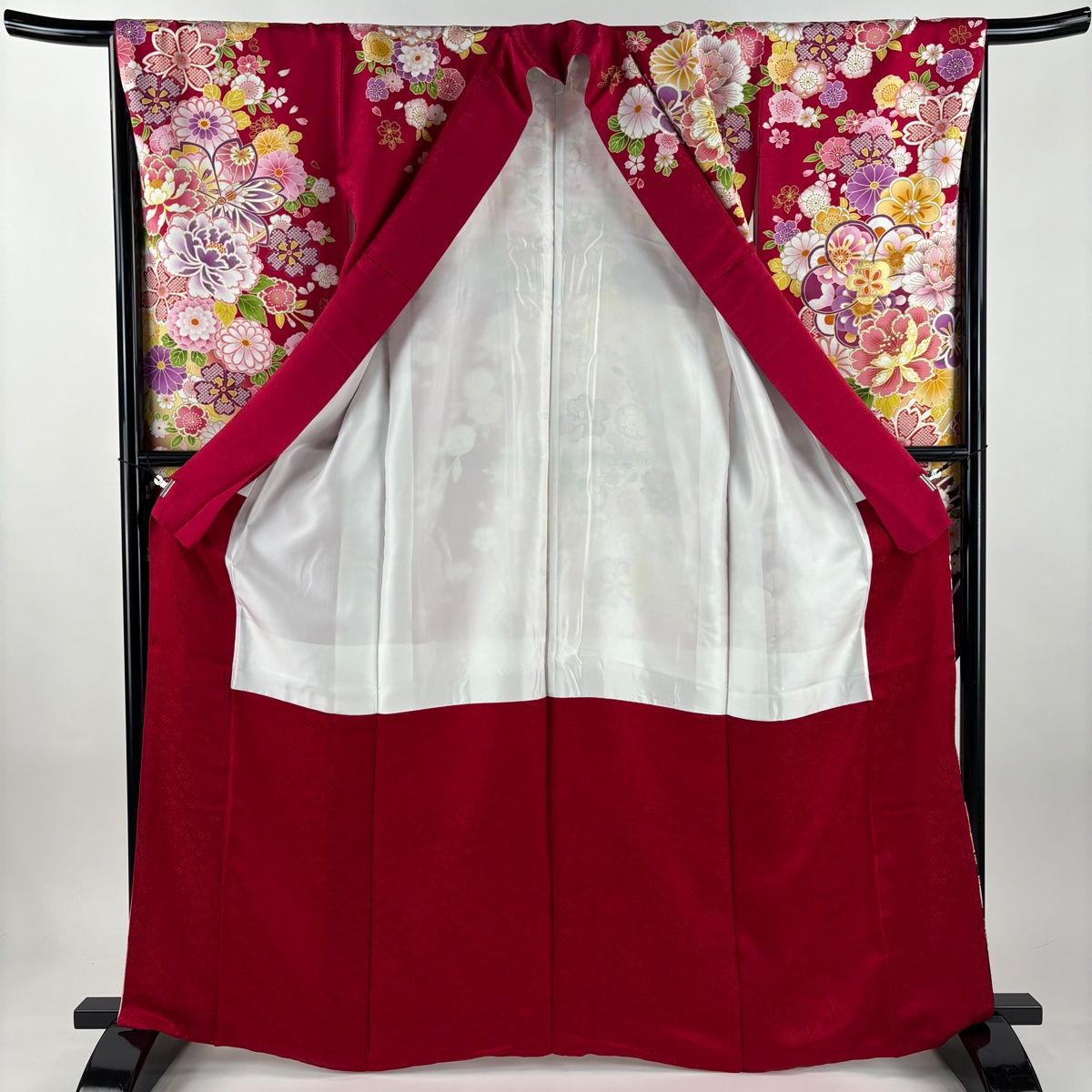  振袖 身丈165 cm 裄丈66 M 袷 牡丹 菊 金彩 箔 濃ピンク 正絹 振袖 着物