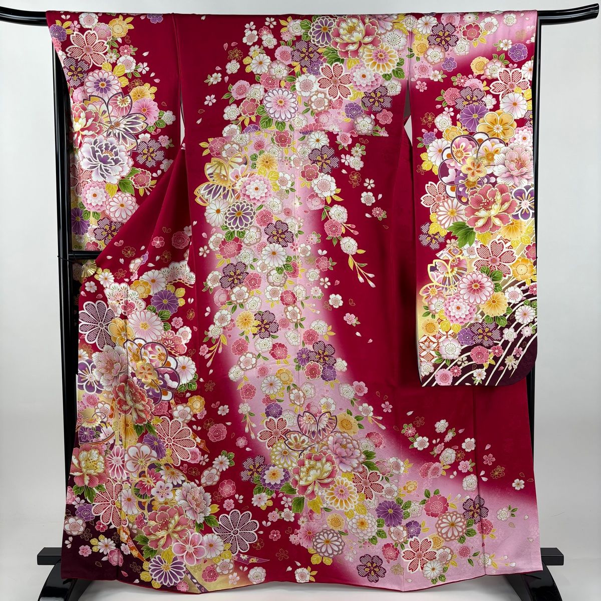 振袖 身丈165 cm 裄丈66 M 袷 牡丹 菊 金彩 箔 濃ピンク 正絹