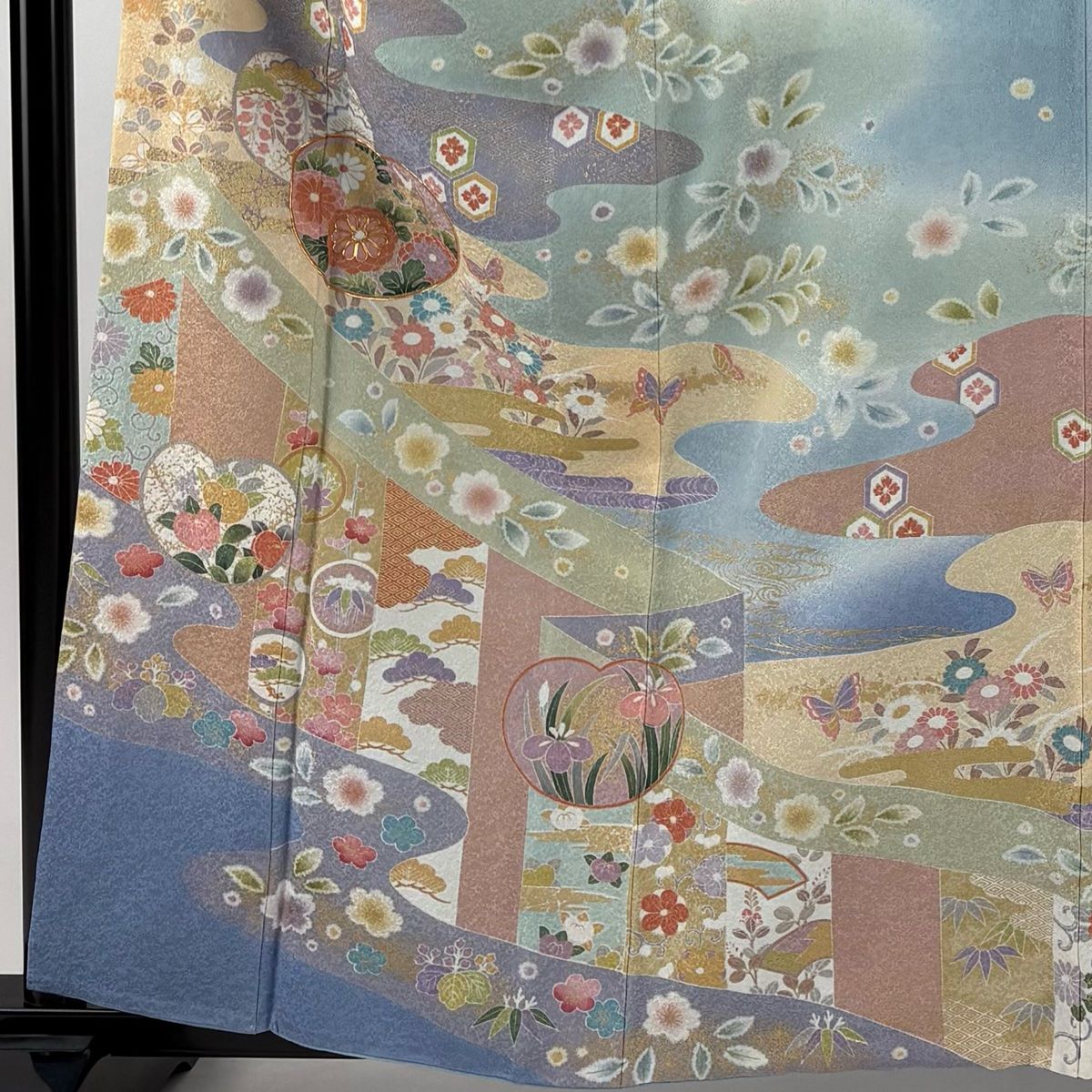 訪問着 身丈161 cm 裄丈63 S 袷 団扇 草花 刺繍 金彩 水色 正絹