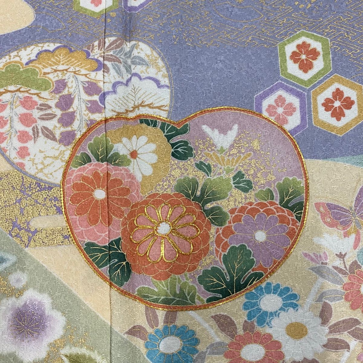  訪問着 身丈161 cm 裄丈63 S 袷 団扇 草花 刺繍 金彩 水色 正絹 訪問着 付け下げ 着物