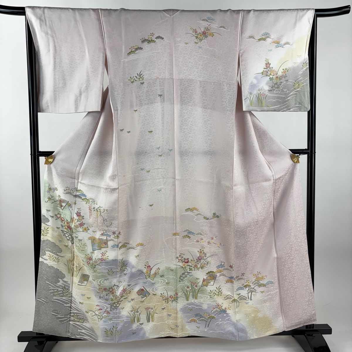 訪問着 身丈159 5 cm 裄丈66 M 袷 冊子 草花 金糸 金彩 薄ピンク 正絹